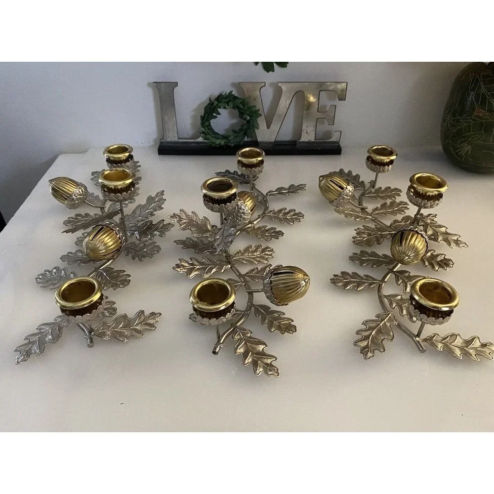 Silver‎ & Gold Tone Horizontal Candlestick Stick Holder Leaf w Hazelnut Design